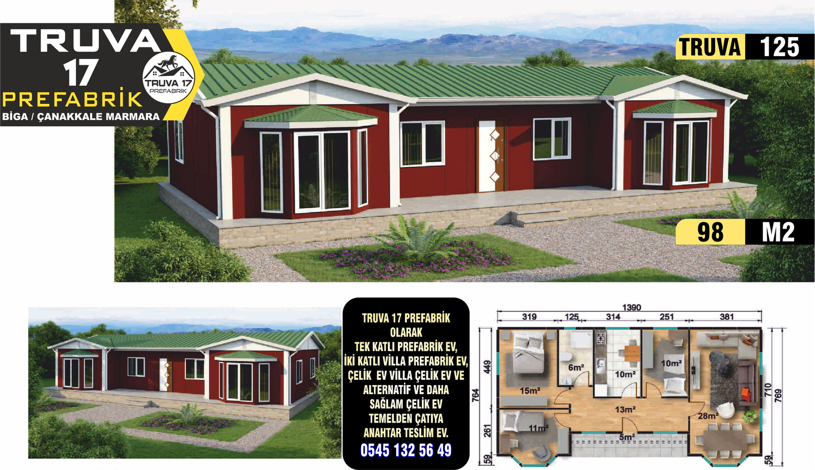 125 - 98m² Tek Katlı Prefabrik Ev